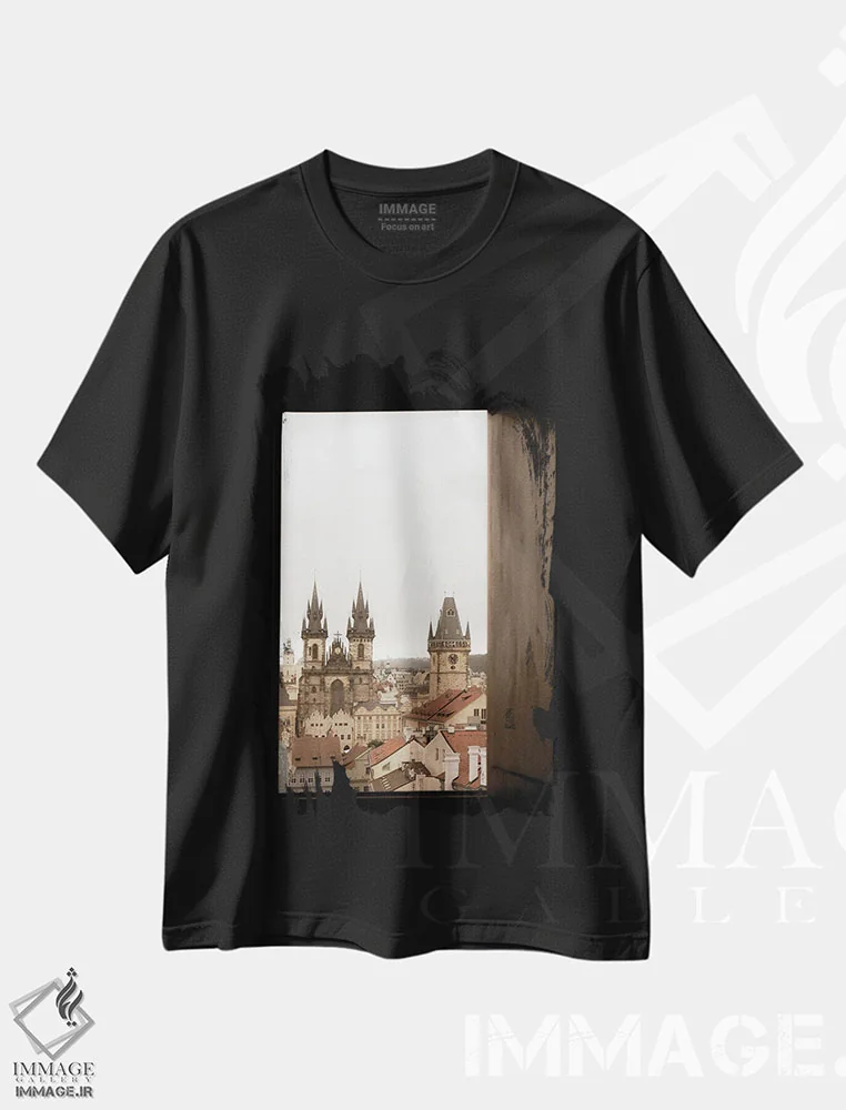 تیشرت مشکی طرح دار قاب پراگ، مدیوم اثر گیلیارد برسسان | فروشگاه ایماژ