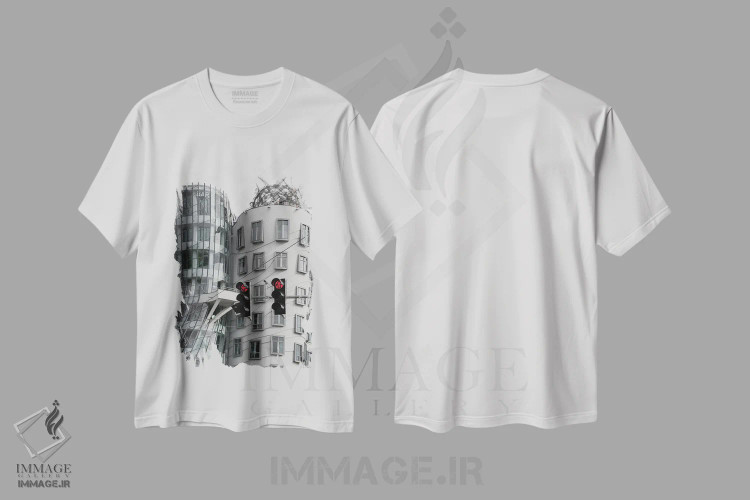 تیشرت سفید طرح دار ساختمان کج، عکاسی با رنگ های درخشان اثر گیلیارد برسسان | فروشگاه ایماژ