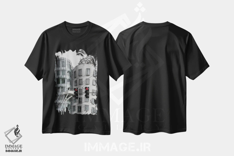 تیشرت مشکی طرح دار ساختمان کج، عکاسی با رنگ های درخشان اثر گیلیارد برسسان | immage.ir