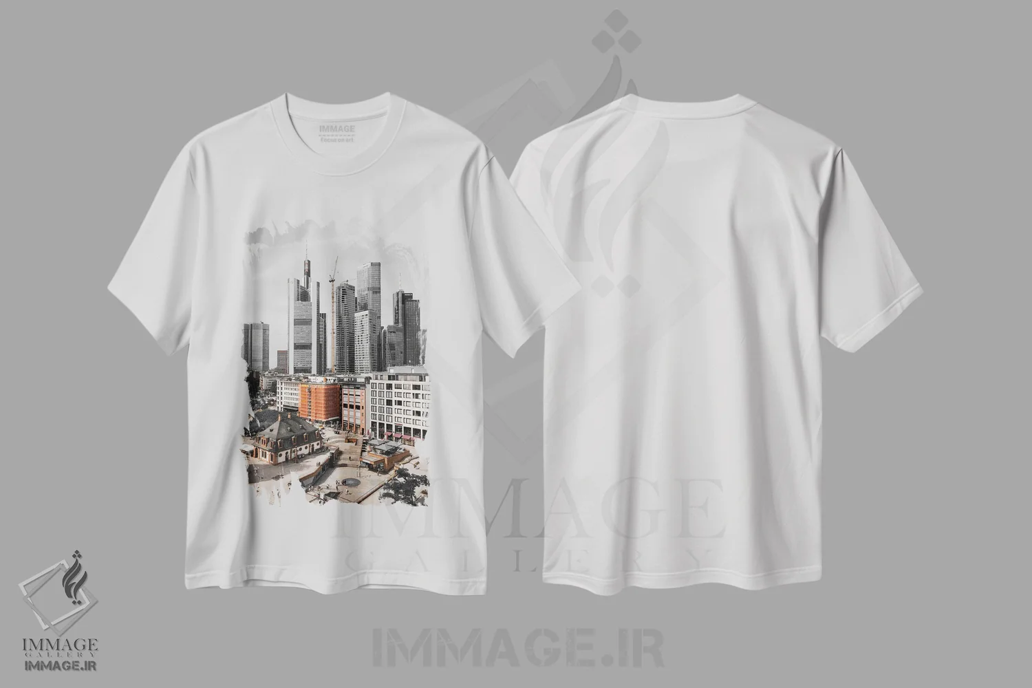تیشرت سفید طرح دار فرانکفورت آم ماین، عکاسی با رنگ های درخشان اثر گیلیارد برسسان | فروشگاه ایماژ