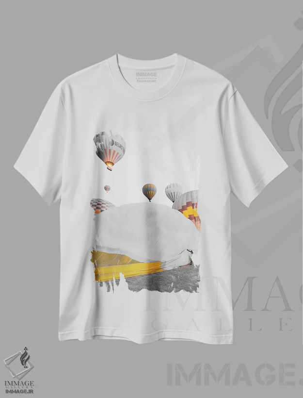 تیشرت سفید طرح دار رهسپار به سوی آسمان، عکاسی با رنگ های درخشان اثر گیلیارد برسسان | فروشگاه ایماژ