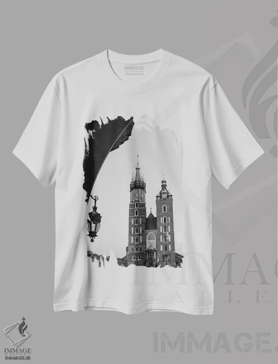تیشرت سفید طرح دار کلیسای جامع کراکوف، عکاسی سیاه و سفید اثر گیلیارد برسسان | فروشگاه ایماژ