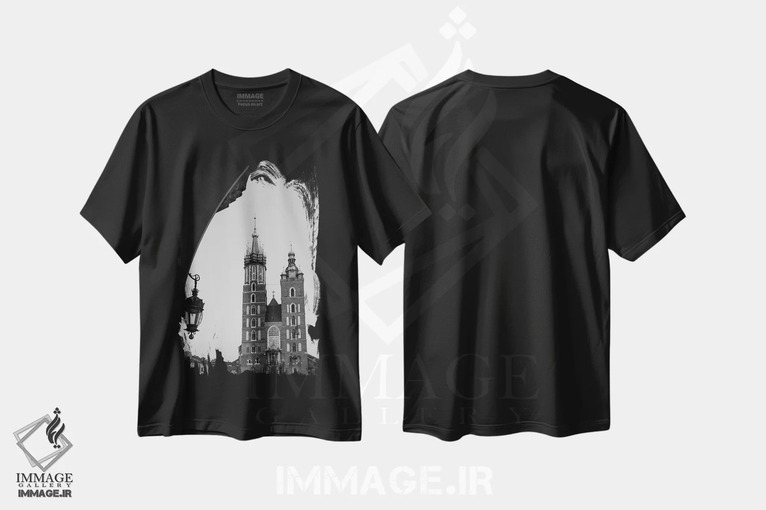 تیشرت مشکی طرح دار کلیسای جامع کراکوف، عکاسی سیاه و سفید اثر گیلیارد برسسان | immage.ir