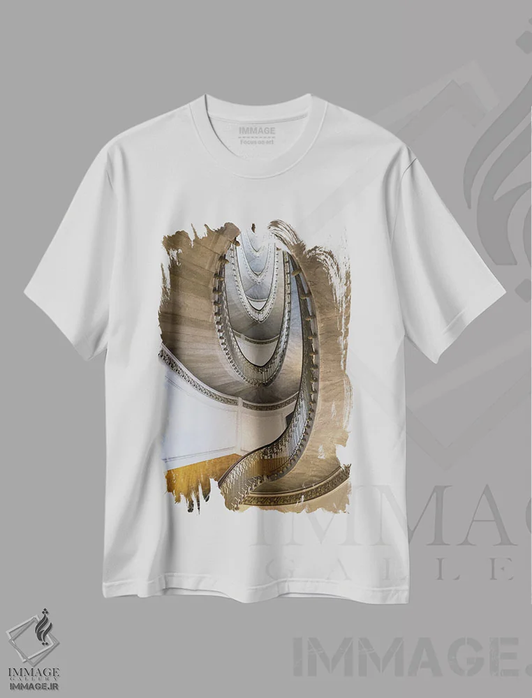 تیشرت سفید طرح دار پله های چشم نما، دکوراسیون جایگزین اثر گیلیارد برسسان | immage.ir