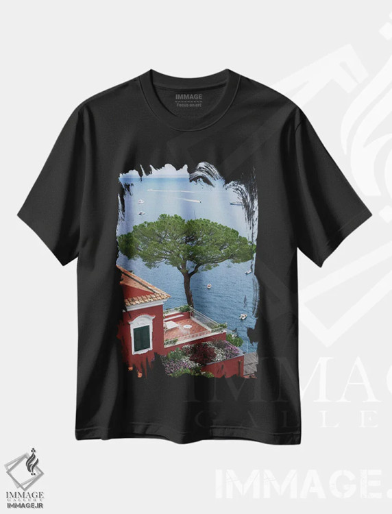 تیشرت مشکی طرح دار منظره مدیترانه ای، مدیوم اثر گیلیارد برسسان | فروشگاه ایماژ