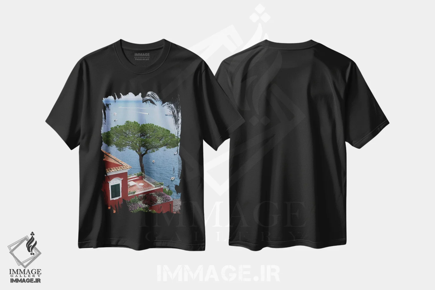 تیشرت مشکی طرح دار منظره مدیترانه ای، مدیوم اثر گیلیارد برسسان | فروشگاه ایماژ