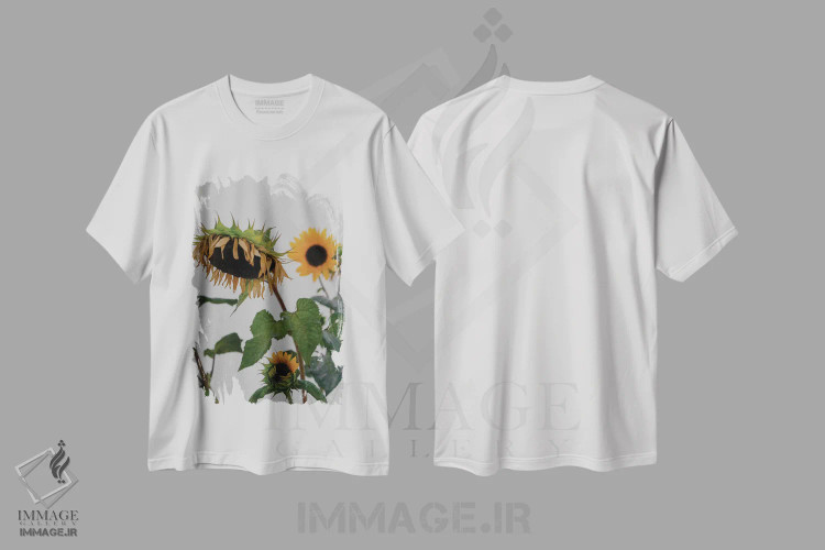تیشرت سفید طرح دار گل های آفتابگردان، عکاسی ماکرو اثر گیلیارد برسسان | فروشگاه ایماژ