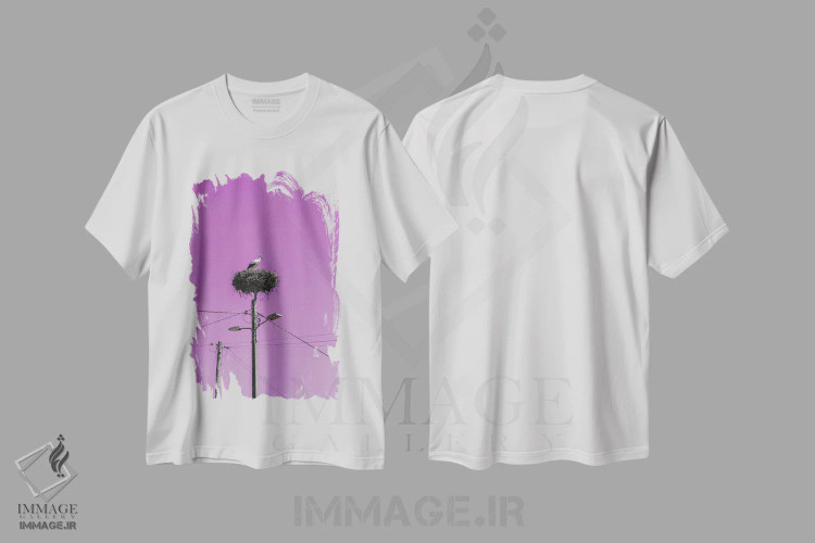 تیشرت سفید طرح دار آشیانه لک لک با آسمان صورتی، مدیوم اثر گیلیارد برسسان | immage.ir