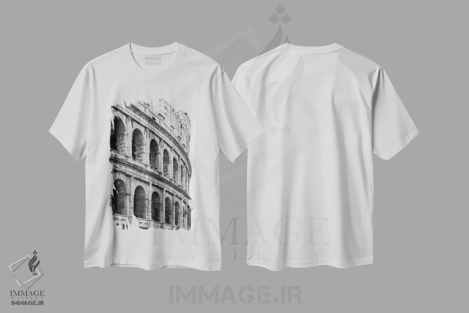 تیشرت سفید طرح دار کولوسئوم رم، عکاسی سیاه و سفید اثر گیلیارد برسسان | immage.ir