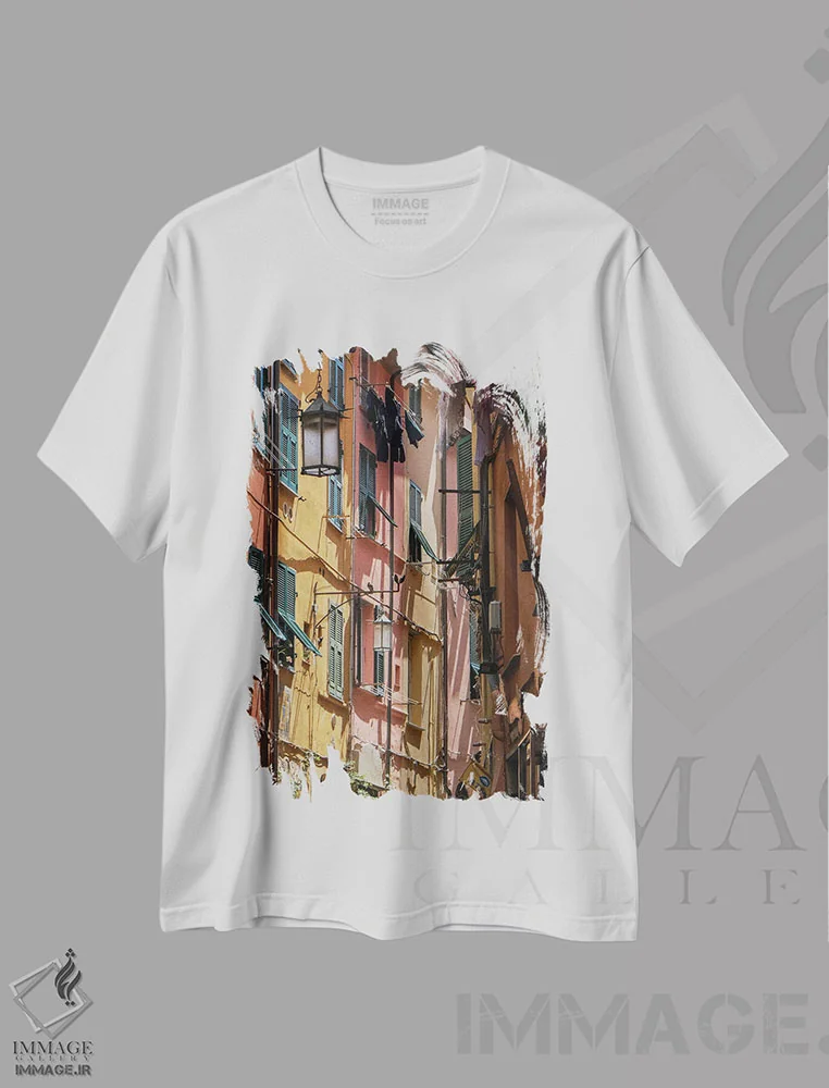 تیشرت سفید طرح دار رنگ های پاستلی، عکاسی ترکیبی اثر گیلیارد برسسان | immage.ir