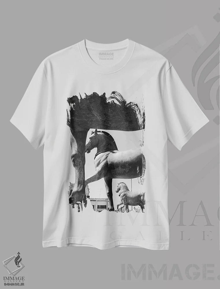 تیشرت سفید طرح دار ارابه چهار اسب پیروزی، عکاسی سیاه و سفید اثر گیلیارد برسسان | فروشگاه ایماژ