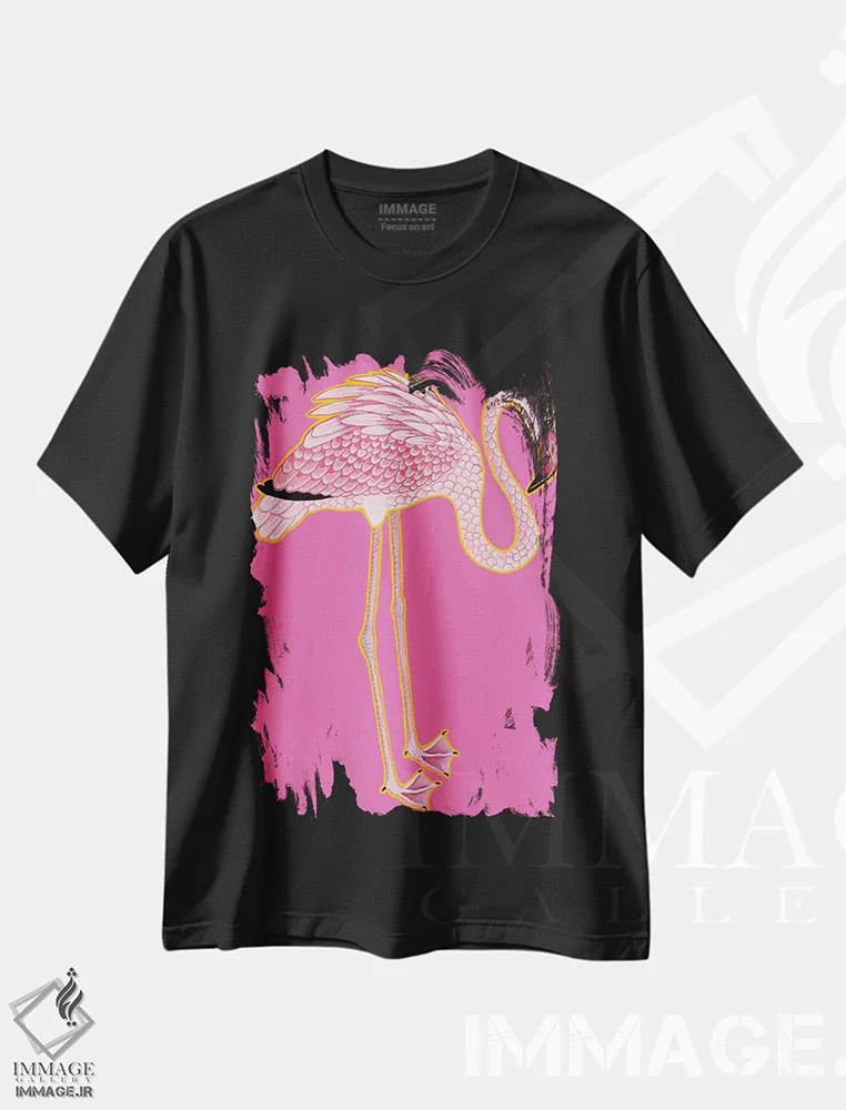 تیشرت مشکی طرح دار فلامینگو چینی مدرن، دکور آسیایی اثر گرین ارکید بوتیک | فروشگاه ایماژ