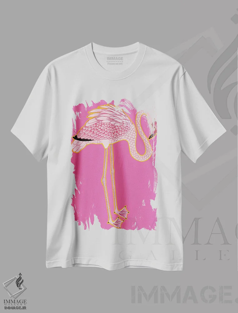 تیشرت سفید طرح دار فلامینگو چینی مدرن، دکور آسیایی اثر گرین ارکید بوتیک | immage.ir