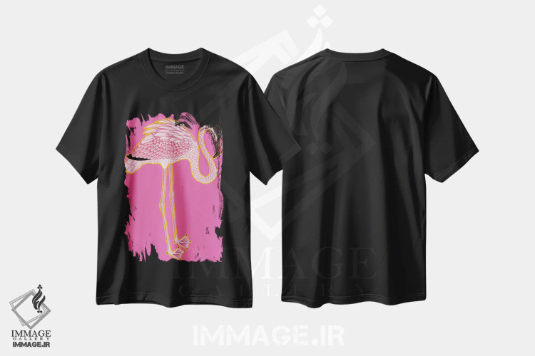 تیشرت مشکی طرح دار فلامینگو چینی مدرن، دکور آسیایی اثر گرین ارکید بوتیک | فروشگاه ایماژ