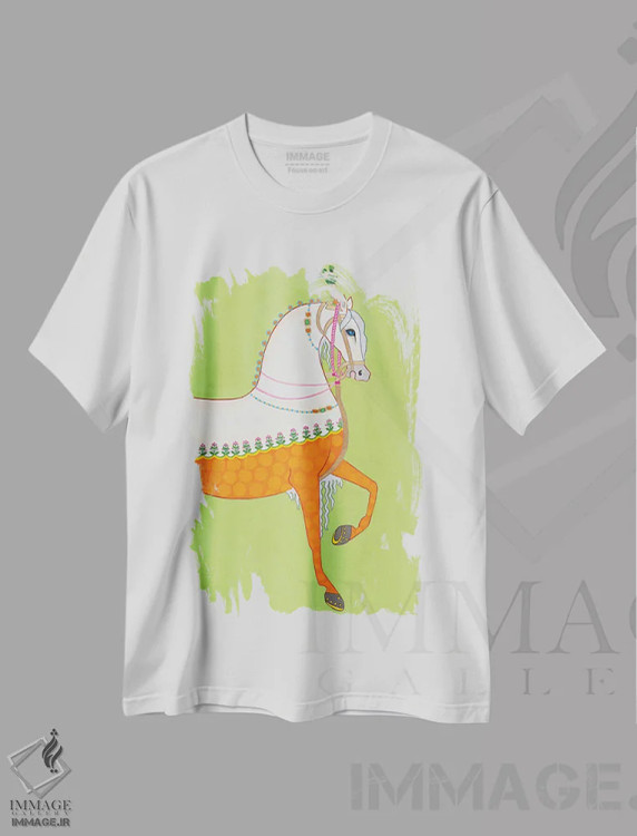 تیشرت سفید طرح دار اسب هندی سمت راست، دکور آسیایی اثر گرین ارکید بوتیک | فروشگاه ایماژ