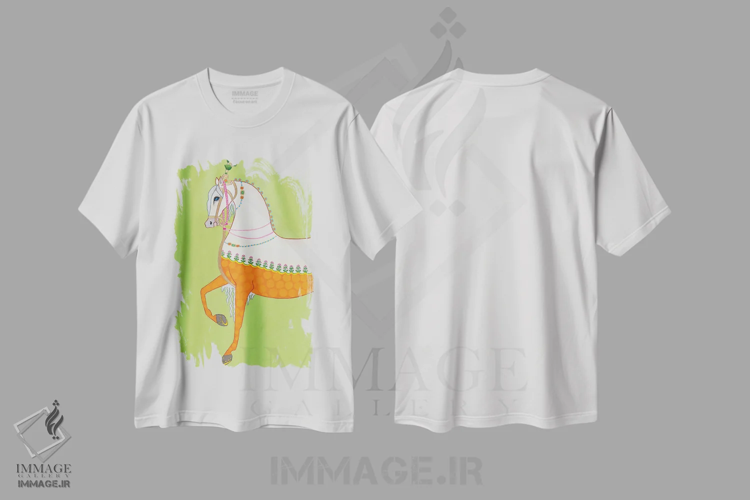 تیشرت سفید طرح دار اسب هندی سمت چپ، دکور آسیایی اثر گرین ارکید بوتیک | immage.ir