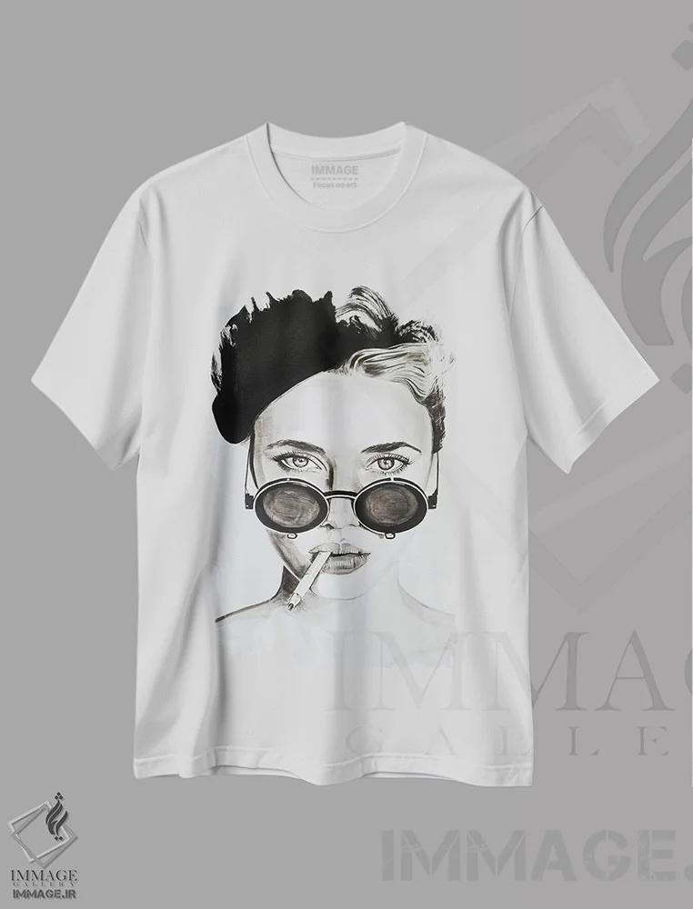 تیشرت سفید طرح دار عینک آفتابی صورتی من سیاه شد، هنر تزئینی سیاه و سفید اثر گیل لبلو | immage.ir