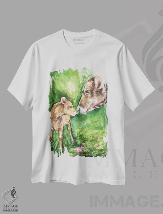 تیشرت سفید طرح دار گاو و گوساله، هنر فاخر معاصر اثر جورج دیاچنکو | immage.ir
