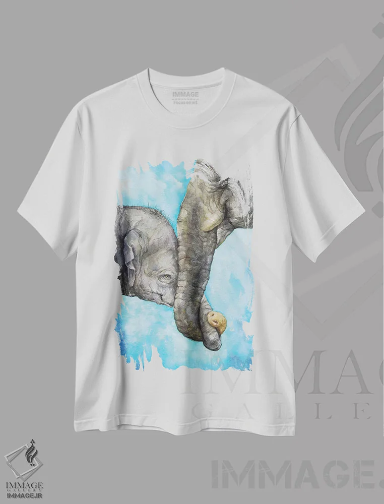تیشرت سفید طرح دار فیل ها، هنر فاخر معاصر اثر جورج دیاچنکو | فروشگاه ایماژ