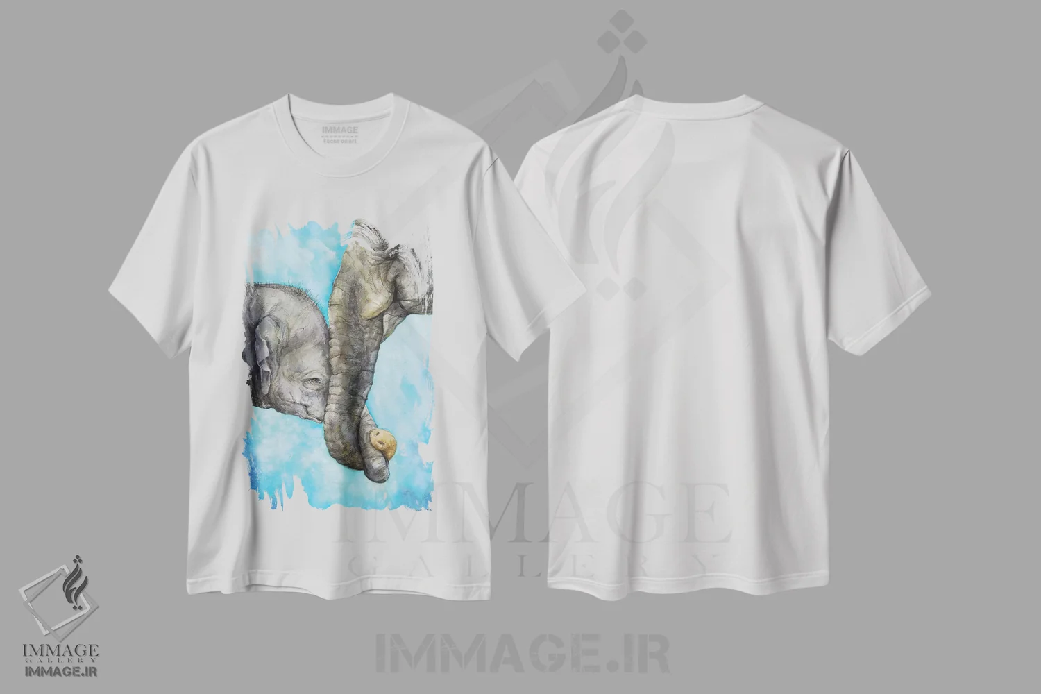 تیشرت سفید طرح دار فیل ها، هنر فاخر معاصر اثر جورج دیاچنکو | فروشگاه ایماژ