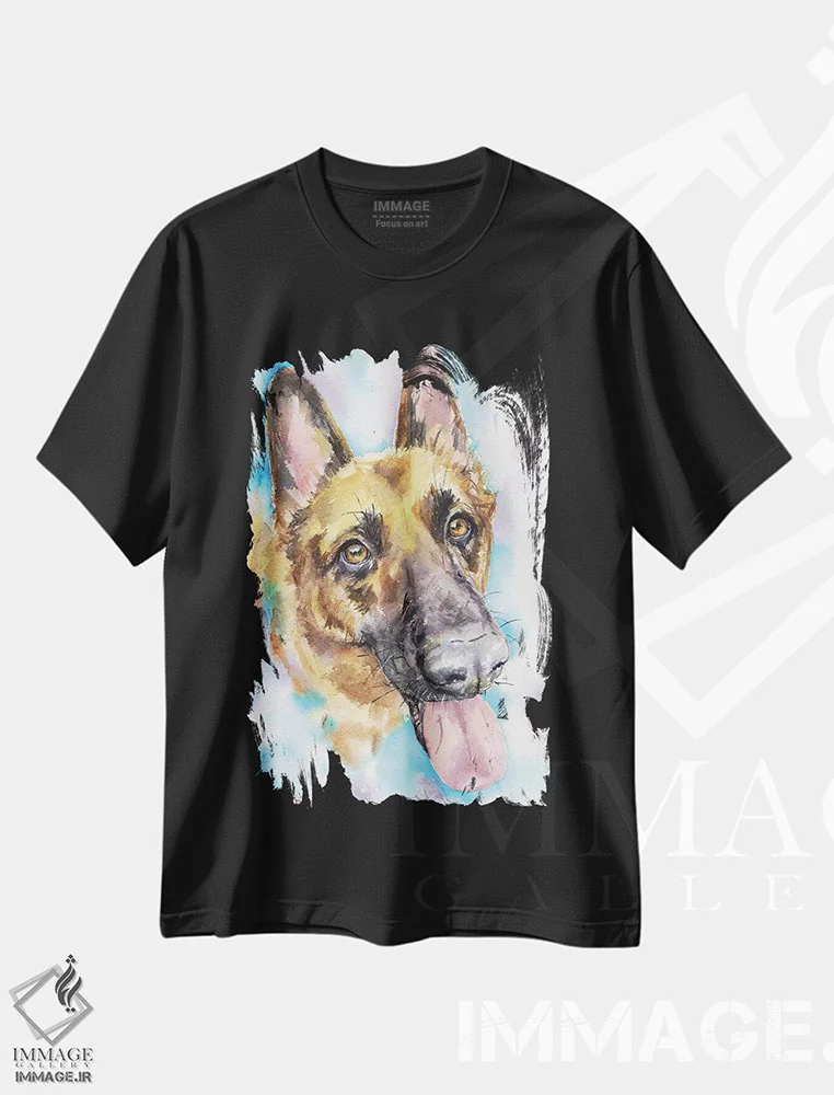 تیشرت مشکی طرح دار ژرمن شپرد، هنر فاخر معاصر اثر جورج دیاچنکو | فروشگاه ایماژ