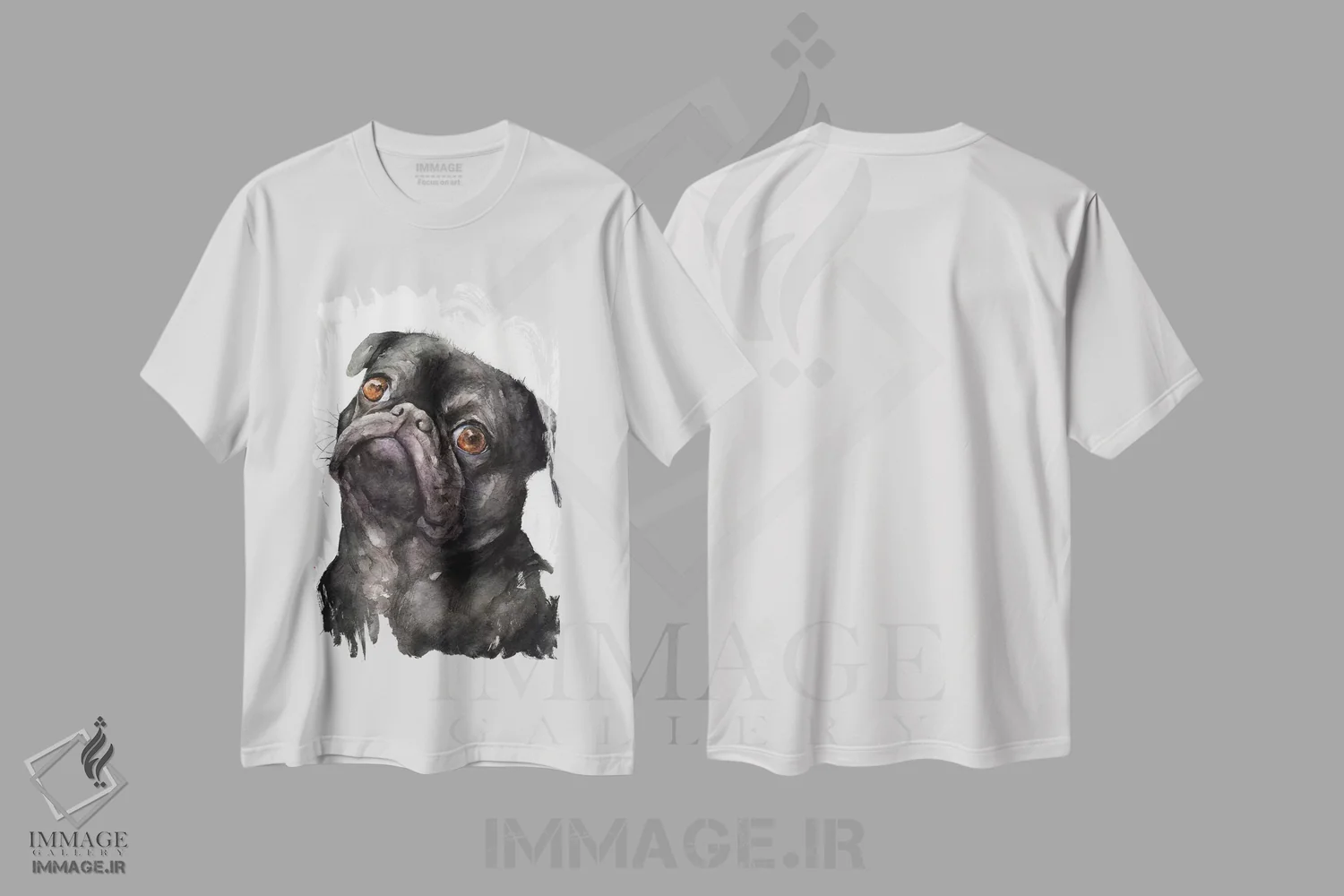 تیشرت سفید طرح دار پاگ سیاه، هنر تزئینی سیاه و سفید اثر جورج دیاچنکو | فروشگاه ایماژ