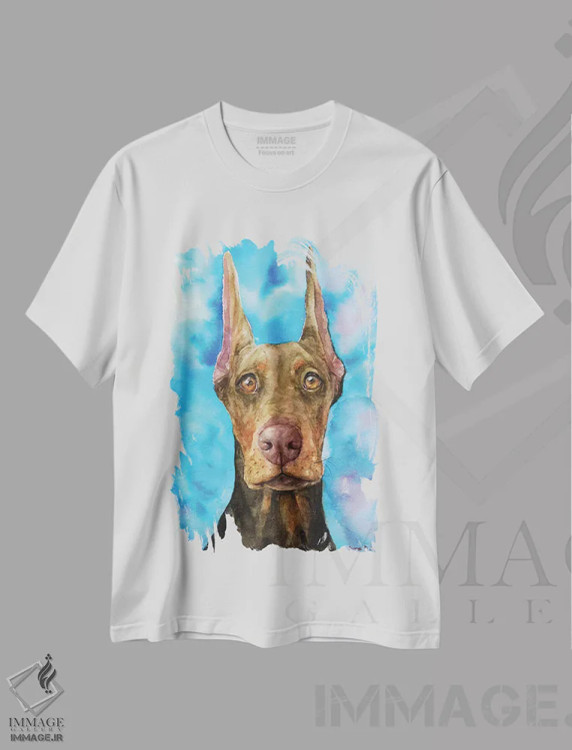 تیشرت سفید طرح دار دابرمن شکلاتی، تزئینی اثر جورج دیاچنکو | فروشگاه ایماژ