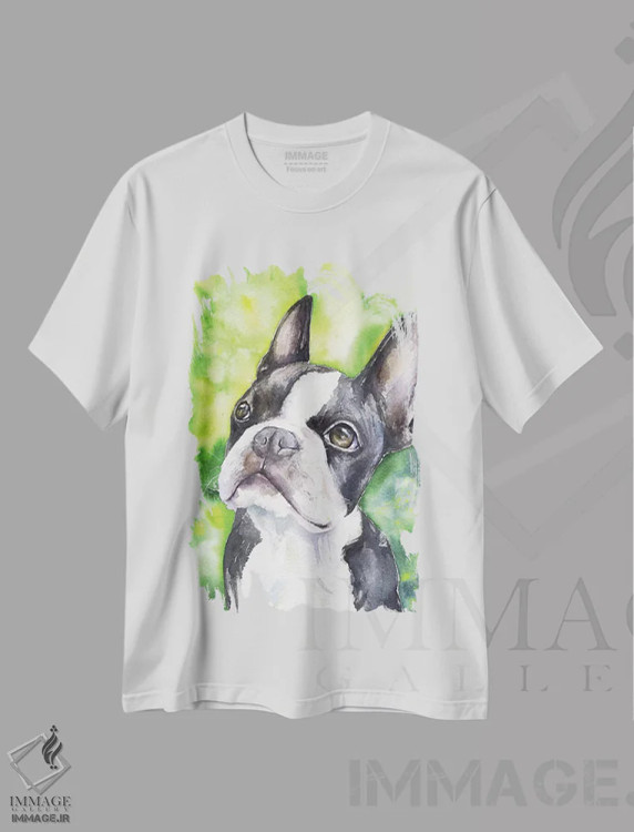 تیشرت سفید طرح دار پرترهٔ بوستون تریر، مدیوم اثر جورج دیاچنکو | فروشگاه ایماژ