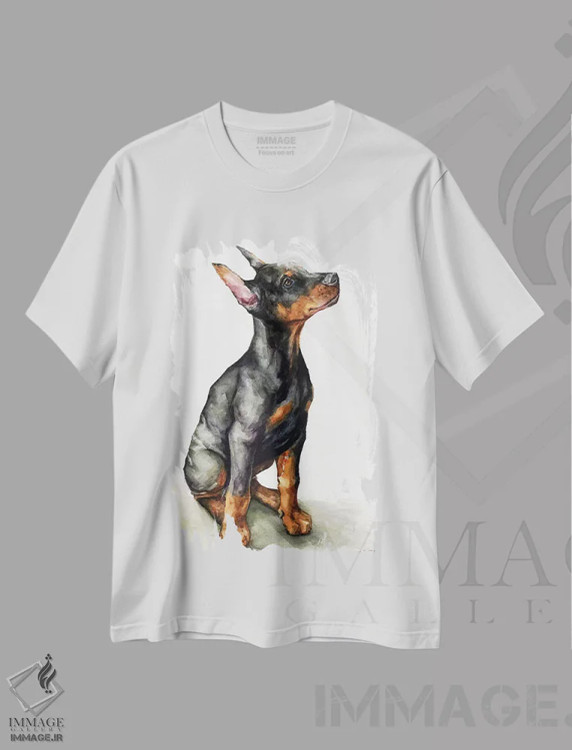تیشرت سفید طرح دار توله دابرمن، تزئینی اثر جورج دیاچنکو | immage.ir