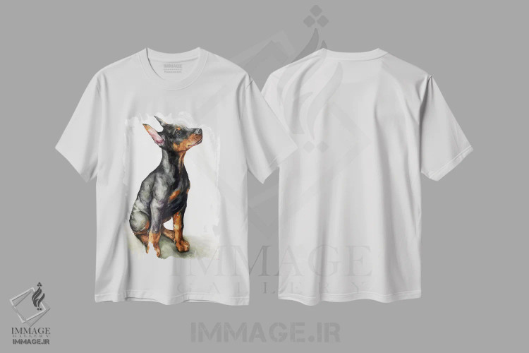 تیشرت سفید طرح دار توله دابرمن، تزئینی اثر جورج دیاچنکو | immage.ir