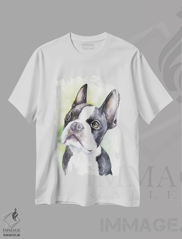 تیشرت سفید طرح دار توله بوستون تریر، تزئینی اثر جورج دیاچنکو | فروشگاه ایماژ