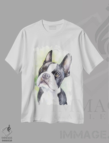تیشرت سفید طرح دار توله بوستون تریر، تزئینی اثر جورج دیاچنکو | فروشگاه ایماژ