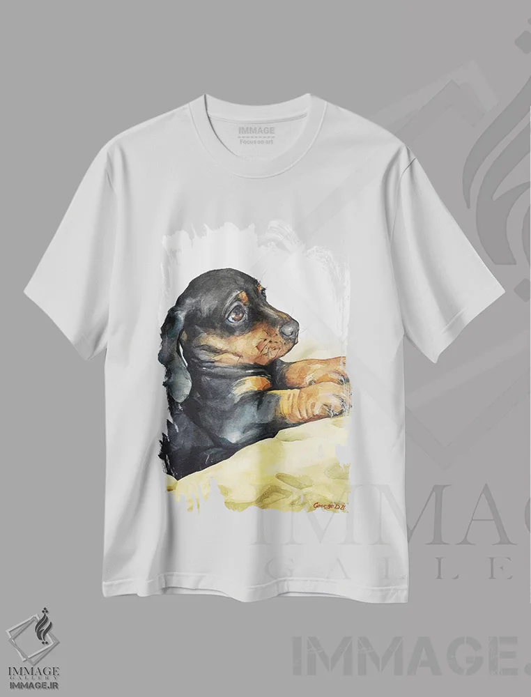 تیشرت سفید طرح دار توله داشهاند، تزئینی اثر جورج دیاچنکو | فروشگاه ایماژ