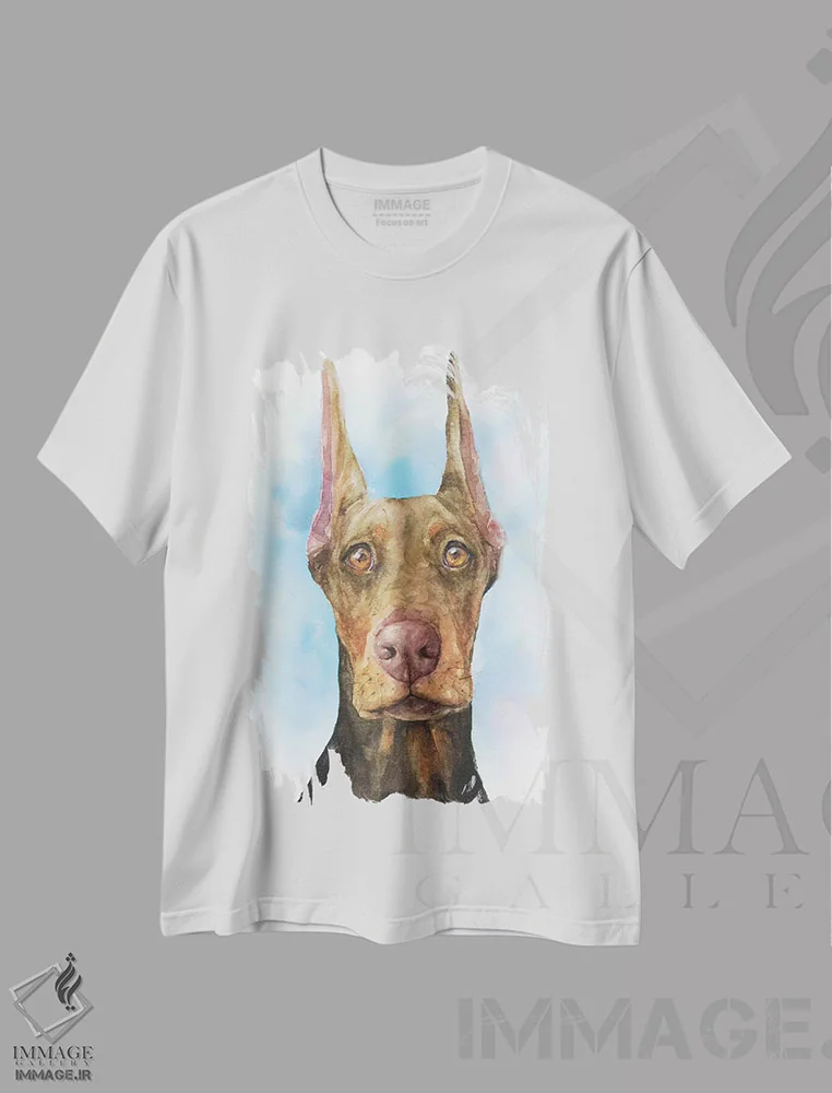 تیشرت سفید طرح دار توله دابرمن، تزئینی اثر جورج دیاچنکو | immage.ir