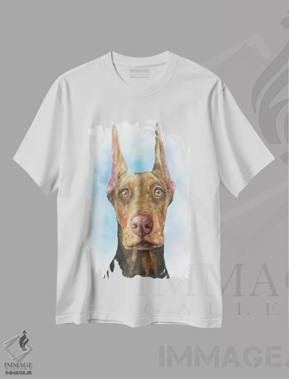 تیشرت سفید طرح دار توله دابرمن، تزئینی اثر جورج دیاچنکو | immage.ir