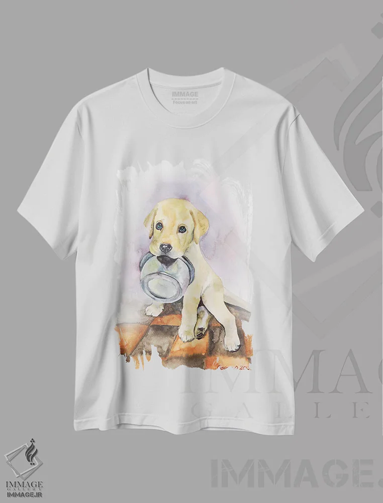 تیشرت سفید طرح دار توله لابرادور، تزئینی اثر جورج دیاچنکو | فروشگاه ایماژ