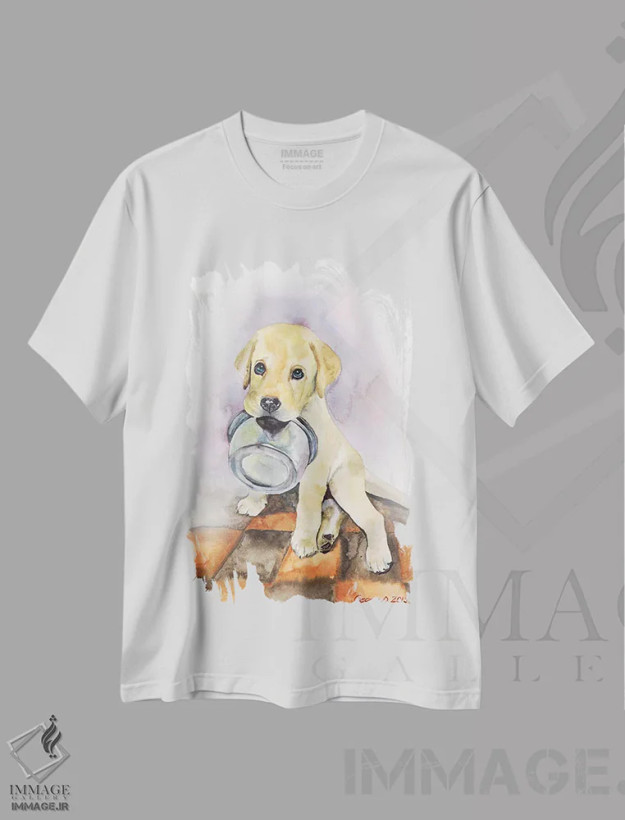 تیشرت سفید طرح دار توله لابرادور، تزئینی اثر جورج دیاچنکو | فروشگاه ایماژ