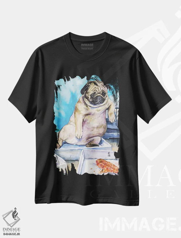 تیشرت مشکی طرح دار پاگ و پیتزا، تزئینی اثر جورج دیاچنکو | فروشگاه ایماژ