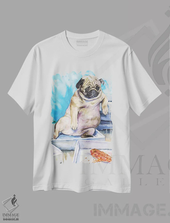 تیشرت سفید طرح دار پاگ و پیتزا، تزئینی اثر جورج دیاچنکو | immage.ir