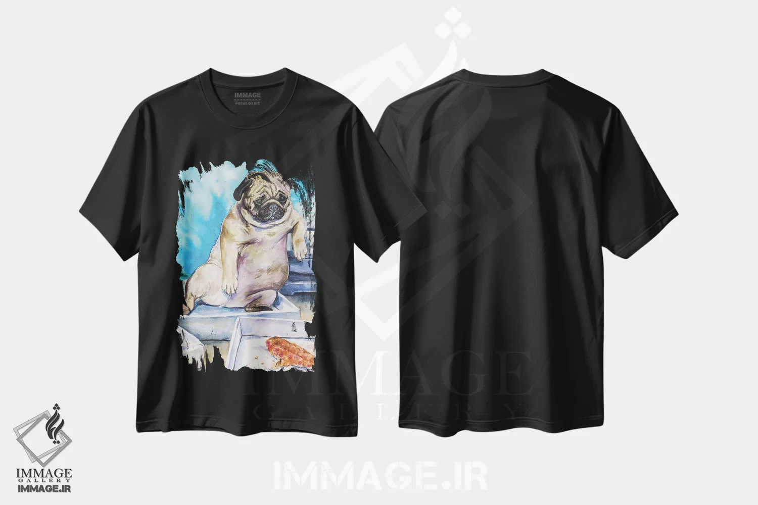 تیشرت مشکی طرح دار پاگ و پیتزا، تزئینی اثر جورج دیاچنکو | فروشگاه ایماژ