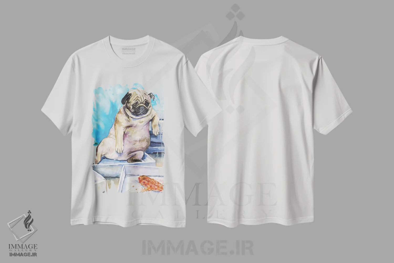 تیشرت سفید طرح دار پاگ و پیتزا، تزئینی اثر جورج دیاچنکو | immage.ir