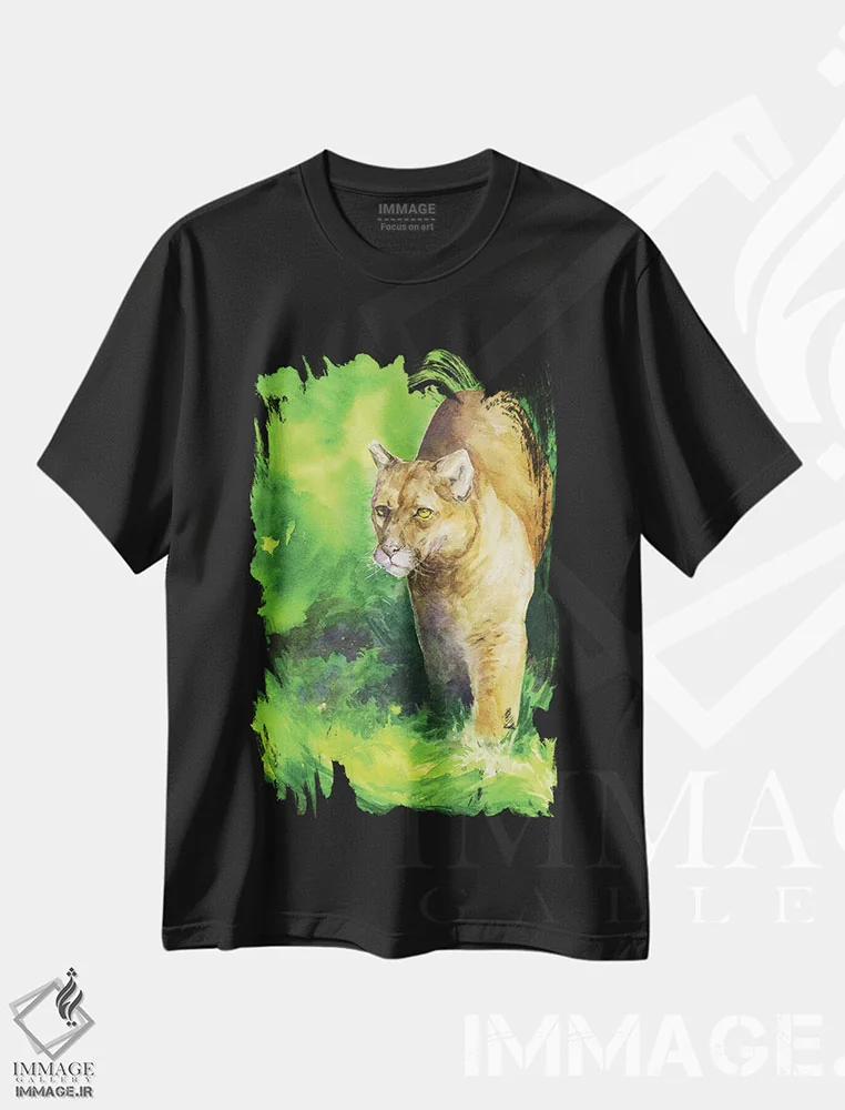 تیشرت مشکی طرح دار یوزپلنگ کوهی، تزئینی اثر جورج دیاچنکو | فروشگاه ایماژ