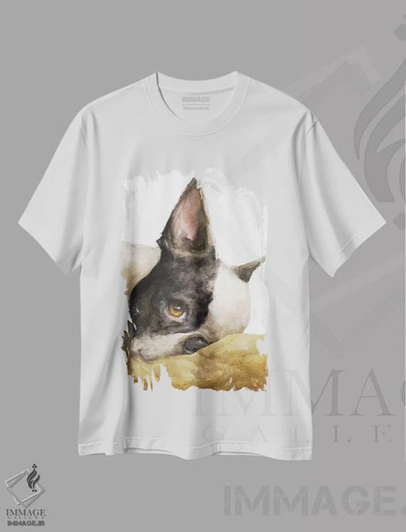 تیشرت سفید طرح دار بوستون تریر با پس زمینه سفید، دکور معاصر اثر جورج دیاچنکو | immage.ir