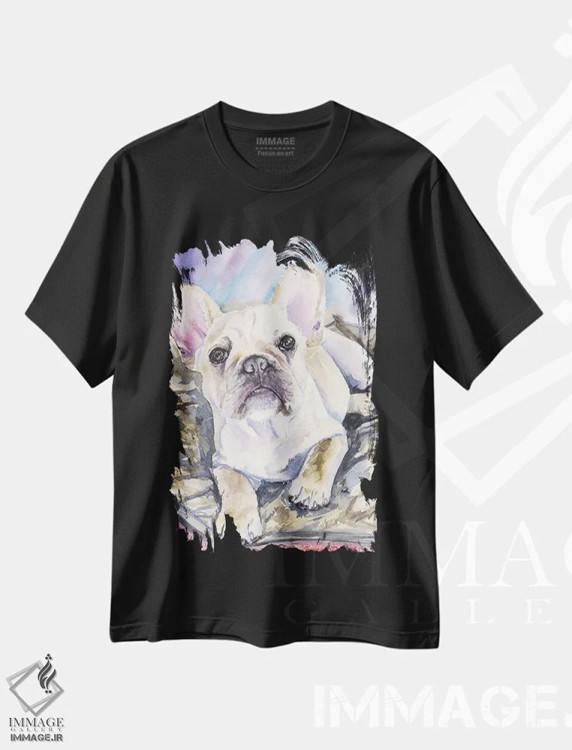 تیشرت مشکی طرح دار توله بولداگ فرانسوی کرمی، دکور معاصر اثر جورج دیاچنکو | فروشگاه ایماژ