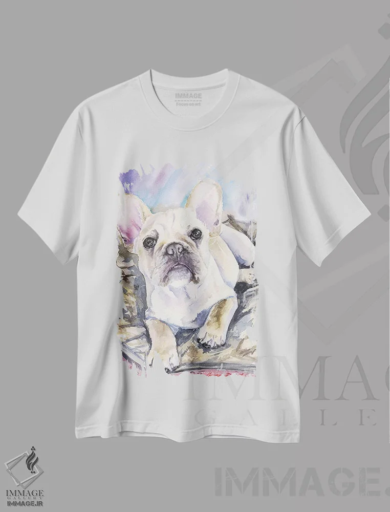 تیشرت سفید طرح دار توله بولداگ فرانسوی کرمی، دکور معاصر اثر جورج دیاچنکو | immage.ir