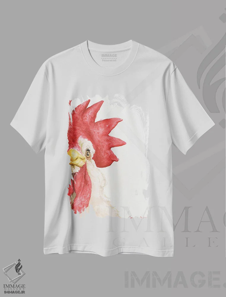 تیشرت سفید طرح دار مرغ ۱، تزئینی اثر جورج دیاچنکو | فروشگاه ایماژ