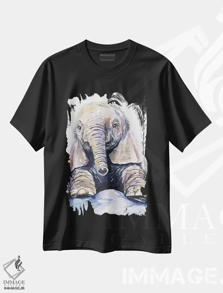 تیشرت مشکی طرح دار نوزاد فیل، دکور معاصر اثر جورج دیاچنکو | فروشگاه ایماژ