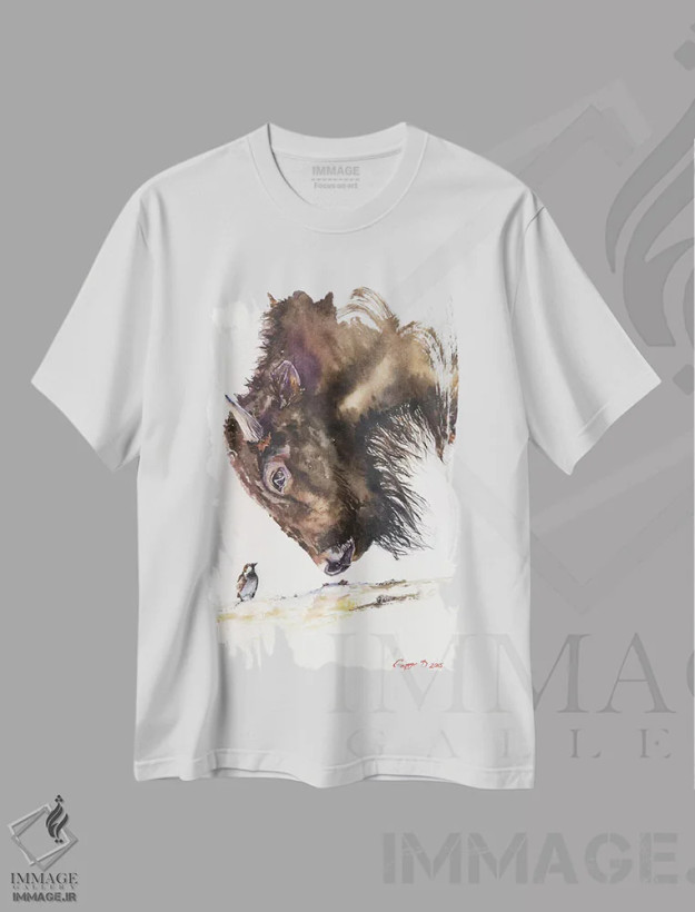 تیشرت سفید طرح دار بوفالو و گنجشک، مدیوم اثر جورج دیاچنکو | فروشگاه ایماژ