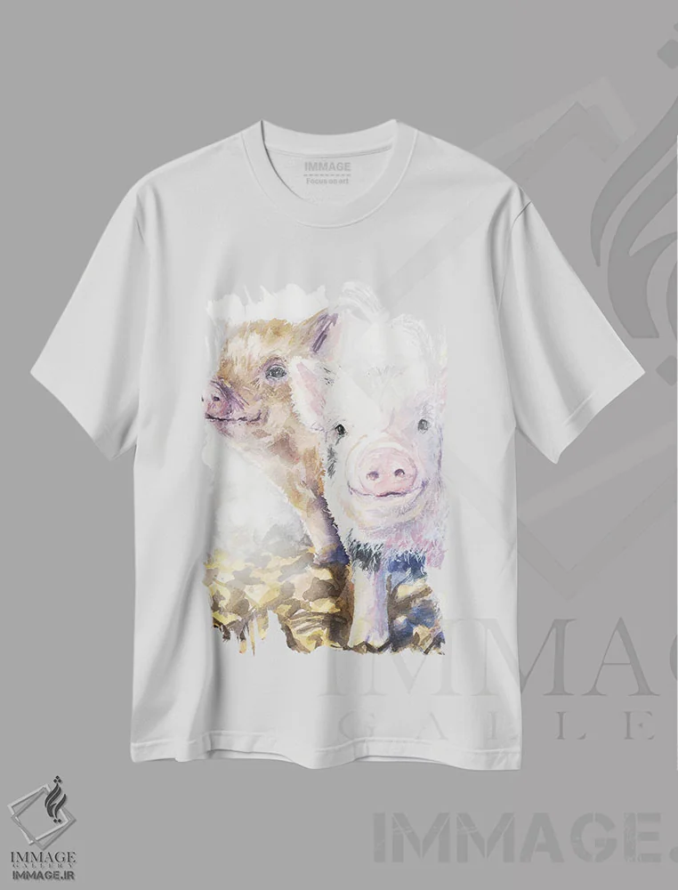 تیشرت سفید طرح دار دوستان خوک، دکور معاصر اثر جورج دیاچنکو | فروشگاه ایماژ