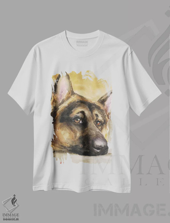 تیشرت سفید طرح دار نگاه ژرمن شپرد ۲، تزئینی اثر جورج دیاچنکو | فروشگاه ایماژ